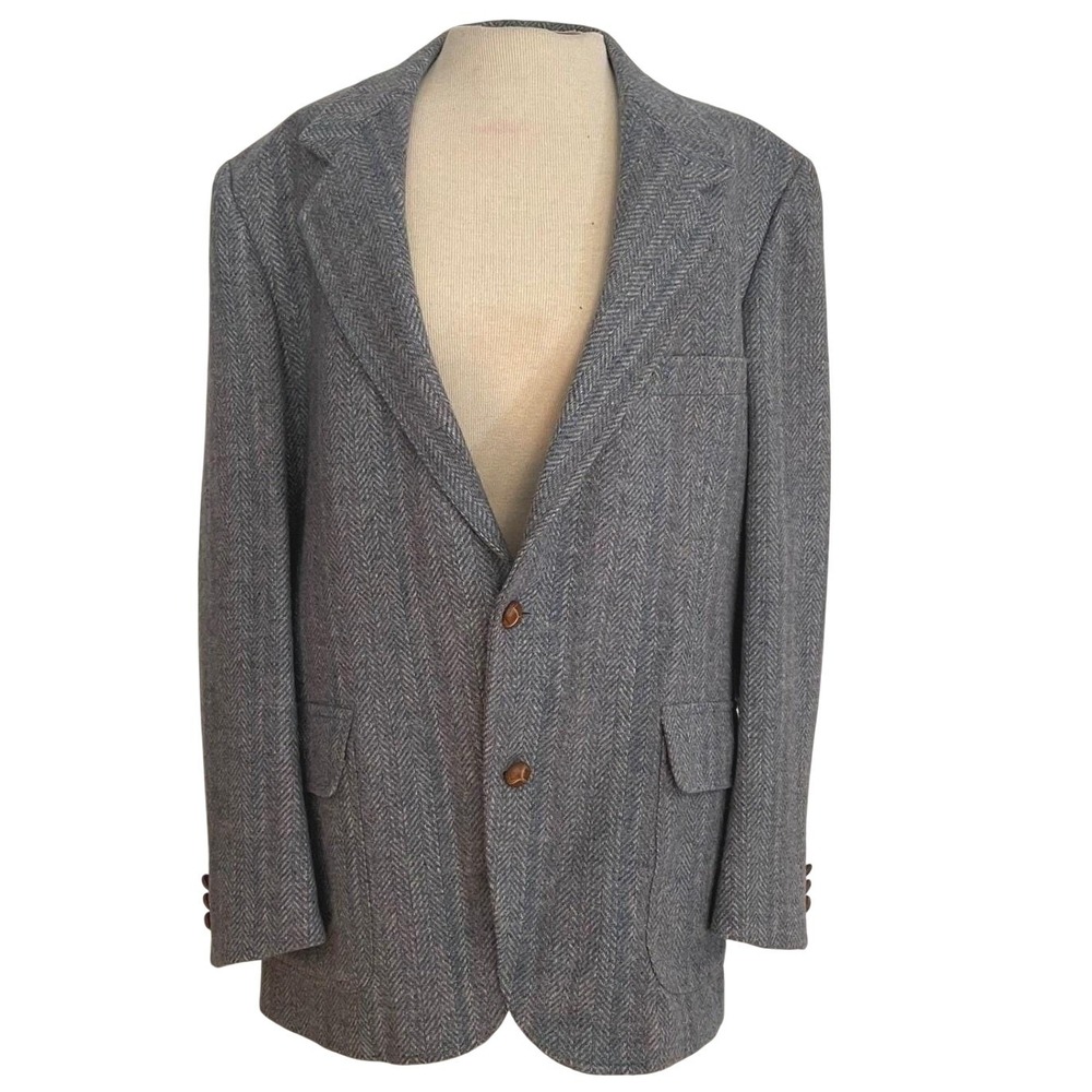 Vtg Pendleton Wool Herringbone Blazer Mens‎ 44R Blue Grey Tweed Sport Coat USA